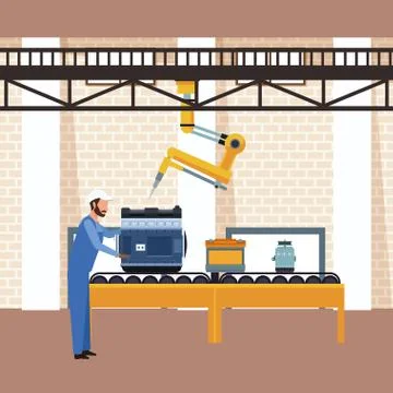 Car workshop scenery with mechanic working on car engine and industrial arm Stock Illustration