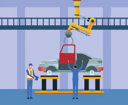 Car workshop scenery with mechanics working on a car body Illustrazione stock