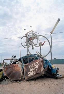 Car wreck assemblage on a roadside Stock Photos