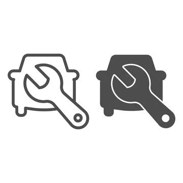 Car with wrench line and solid icon, Car parts concept, Auto repair shop sign on Stock Illustration