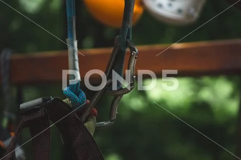Carabiner and rope from the safety systems in the adventure Park. Stock Photos