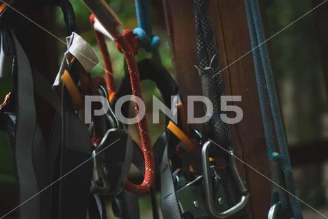 Carabiner and rope from the safety systems in the adventure Park. Stock Photos