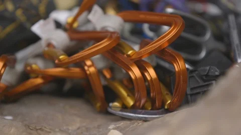 Carabiners on rock Stock Footage 89971787