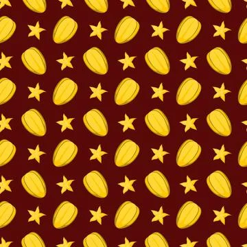 Carambola starfruit flat seamless pattern on brown background. Stock Illustration
