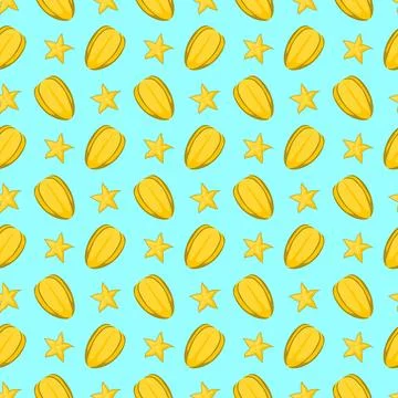 Carambola starfruit flat seamless pattern on blue background. Stock Illustration