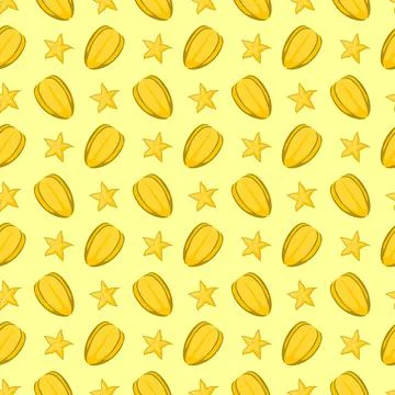 Carambola starfruit flat seamless pattern on yellow background. Stock Illustration