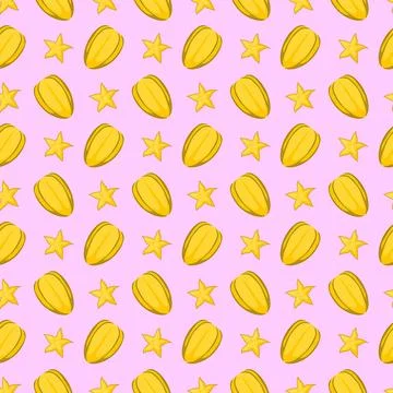 Carambola starfruit flat seamless pattern on pink background. Stock Illustration