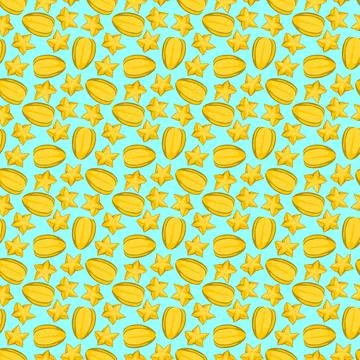 Carambola starfruit flat seamless pattern on blue background. Stock Illustration