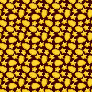 Carambola starfruit flat seamless pattern on brown background. Stock Illustration
