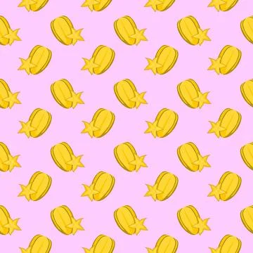 Carambola starfruit flat seamless pattern on pink background. Stock Illustration