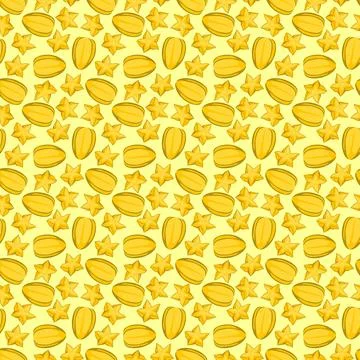 Carambola starfruit flat seamless pattern on yellow background. Stock Illustration