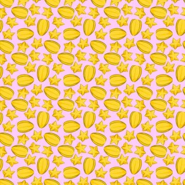 Carambola starfruit flat seamless pattern on pink background. Stock Illustration