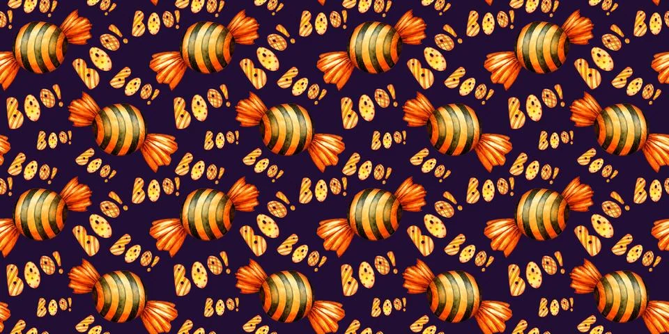 Caramel and text boo pattern on blue watercolor Stock Illustration