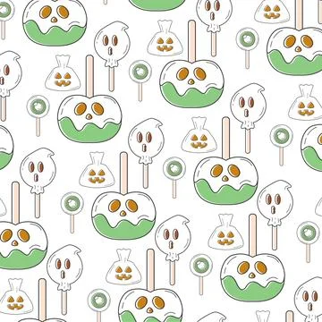 Caramel apple and ghost popsicle Halloween candy pattern Vector Stock Illustration