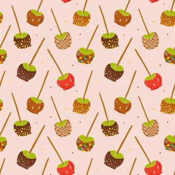 Caramel apples seamless pattern, various toffee apples-on-a-stick with various Stock Illustration