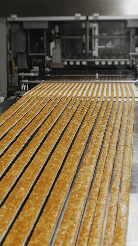 Caramel bars with nuts move along a conveyor belt for cutting. Stock Footage 293422866
