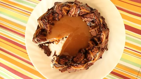 Caramel cake cutting Stock Footage 46969272