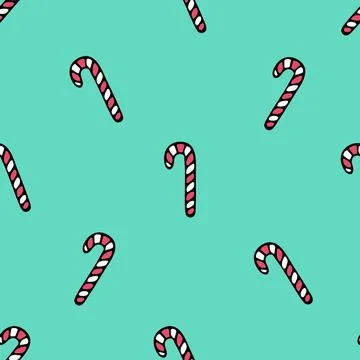 Caramel candy in the shape of a cane. Repeating vector pattern. Stock Illustration