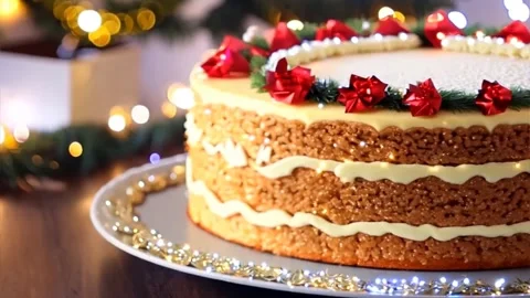 Caramel creamy cake, decorated with red and green christmas decorations, for Stock Footage 322697224