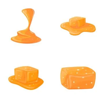 Caramel icons set cartoon vector. Melted appetizing caramel cube Stock Illustration