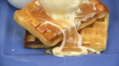 Caramel Sauce Dripping Down On Ice Cream Waffle 스톡 동영상 55022911