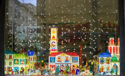 Caramel Workshop window with glass mini figurines in Lviv, Ukraine Stock Photos