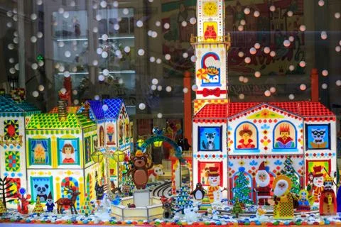 Caramel Workshop window with glass mini figurines in Lviv, Ukraine Stock Photos