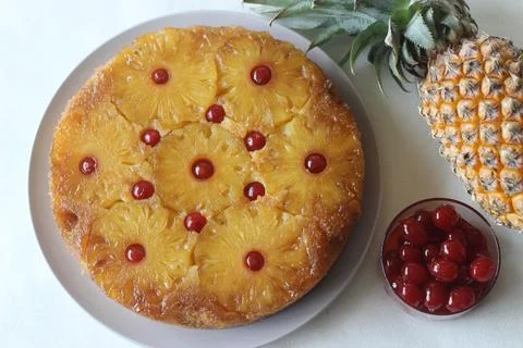 Caramelised pineapple upside down cake. Home baked pineapple cake with pineap Stock Photos