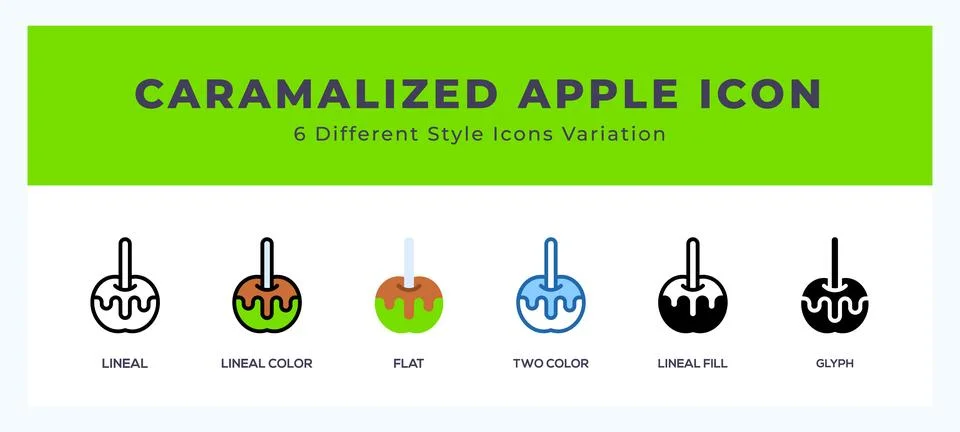 Caramelized apple icon set with different styles. Icons designed in filled... Stock Illustration