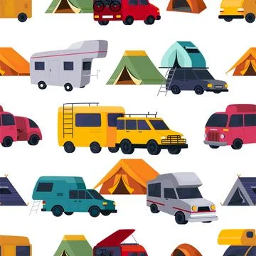 Caravan camper pattern, cartoon van and bus isolated on white background. Family Stock Illustration
