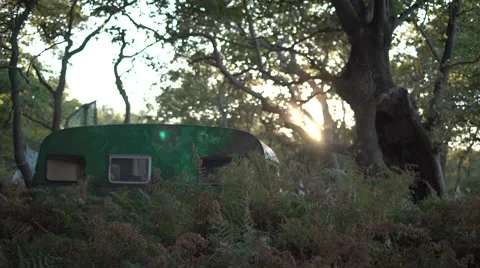 Caravan in Camping at Sunset 4K Stock Footage 67397220