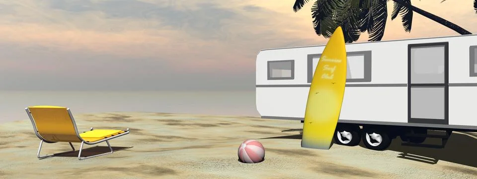 Caravan holidays at the beach - 3D render Stock Illustration