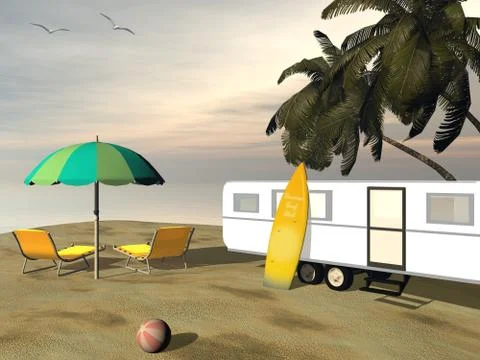 Caravan holidays at the beach - 3D render Stock Illustration