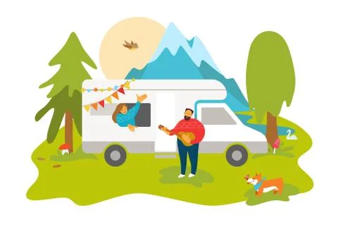 Caravan or camper van. Young couple camping in the woods. Vector illustration Stock Illustration