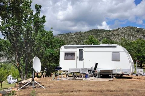 Caravan with satellite dish Stock Photos
