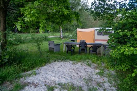 Caravan with tent Stock Photos