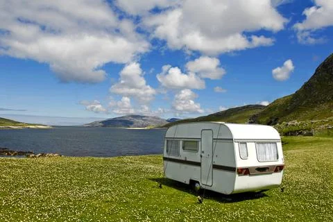 Caravan tied down against the wind, Hushinish, Western Isles (Outer Hebrides) Stock Photos