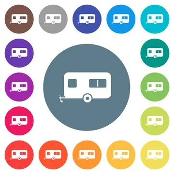 Caravan trailer solid flat white icons on round color backgrounds Illustrazione stock