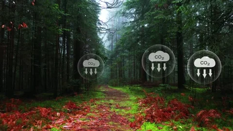 Carbo dioxide icons in magic green forest landscape Stock Footage 337246136