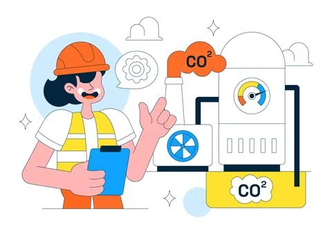 Carbon Capture Technology Vector Illustration Featuring CO2 Emissions, Indu.. Stock Illustration