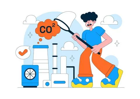 Carbon Capture Technology Vector Illustration Featuring CO2 Emissions, Indu.. Stock Illustration