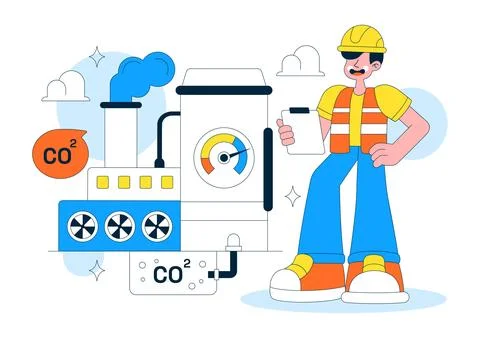 Carbon Capture Technology Vector Illustration Featuring CO2 Emissions, Indu.. Stock Illustration