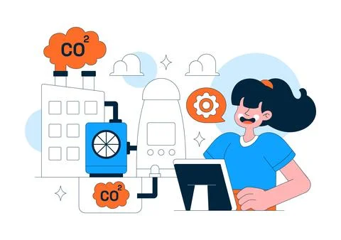 Carbon Capture Technology Vector Illustration Featuring CO2 Emissions, Indu.. Stock Illustration