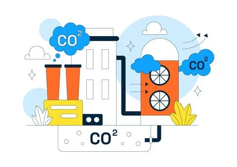 Carbon Capture Technology Vector Illustration Featuring CO2 Emissions, Indu.. Stock Illustration