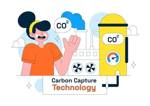 Carbon Capture Technology Vector Illustration Featuring CO2 Emissions, Indu.. Stock Illustration