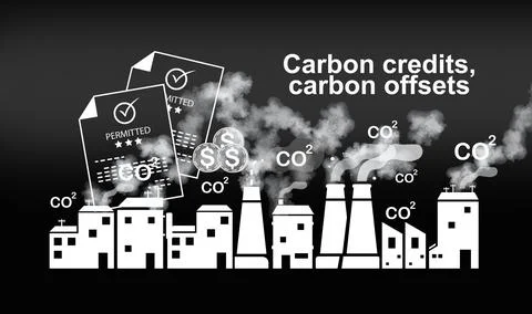 Carbon Credit and offset, CO2 emission reduction. Reduce greenhouse gas, at.. Illustrazione stock
