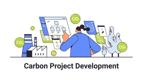 Carbon credit project development concept businesswoman analyzing data Illustrazione stock