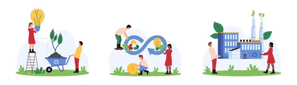 Carbon credit project development set, CO2 emission environment strategy of tiny Stock Illustration