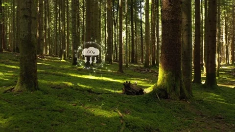 Carbon dioxide 3d symbol in beautiful mossy forest landscape Video stock 341603997