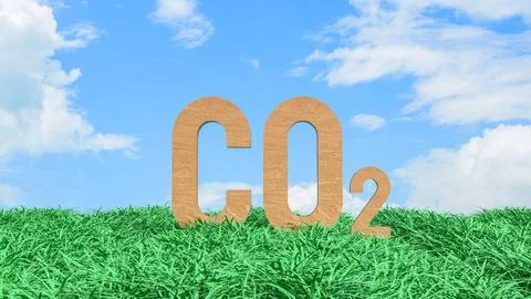 Carbon Dioxide CO2 Emissions Concept in Green Grass Field 3d render.. Stock Illustration
